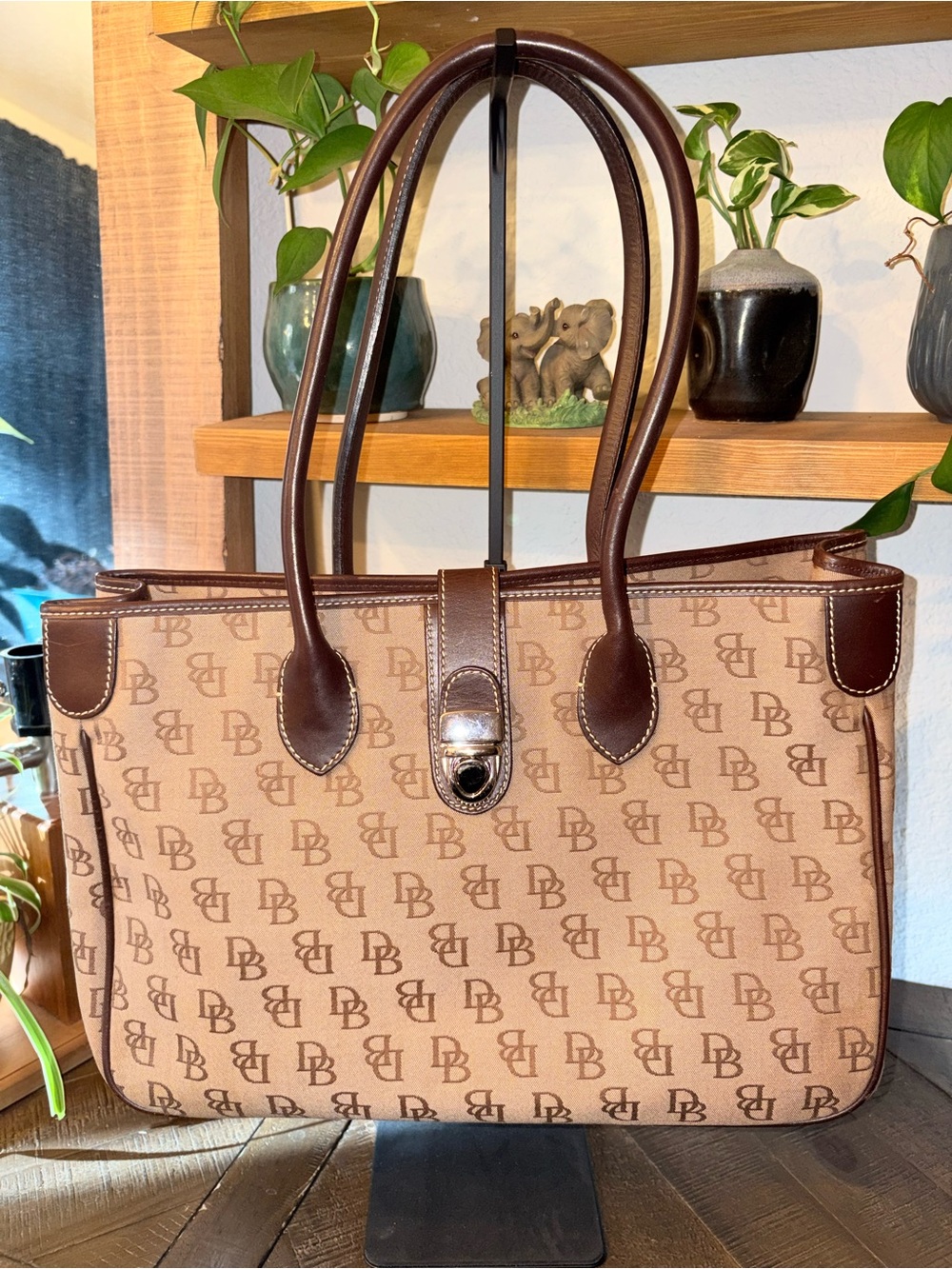 Dooney & Bourke DB Monogram Canvas Turnlock Shopper Tote Brown Leather
